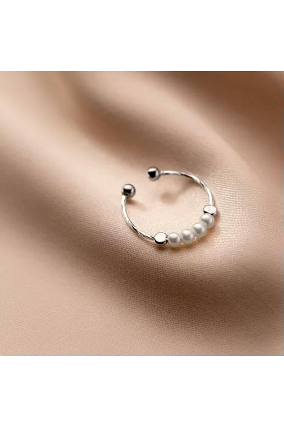 925 Sterling Silver Small Pearl Bead Ring Open Size Adjustable sz 5-7-Silver