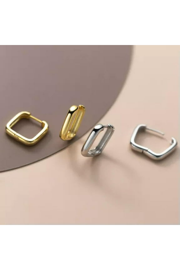 925 Sterling Silver Solid Classic Hoop Square Huggie Earrings Ear Piercing-Silver