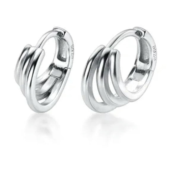 K-KED 925 Sterling Silver Triple Lines 15mm 1.5CM Huggie Hoop Earrings-Silver
