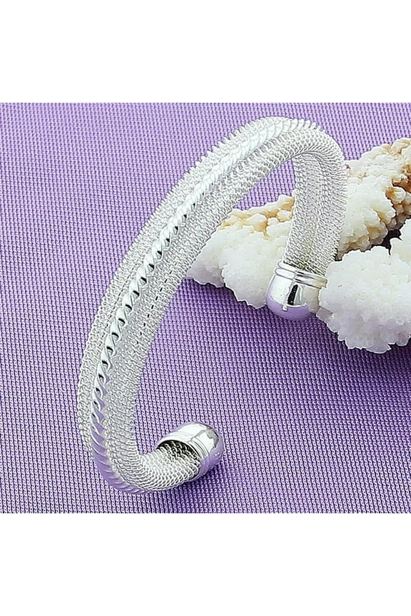 925 Sterling Silver Woven Mesh Bangle Cuff Bracelet for Women Wedding Engagement-default