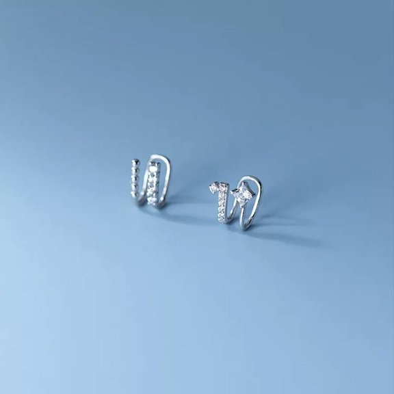 K-KED 925 Sterling Silver asymmetrical Zircon Ear Cuff Clip Non Piercing Wrap Earrings