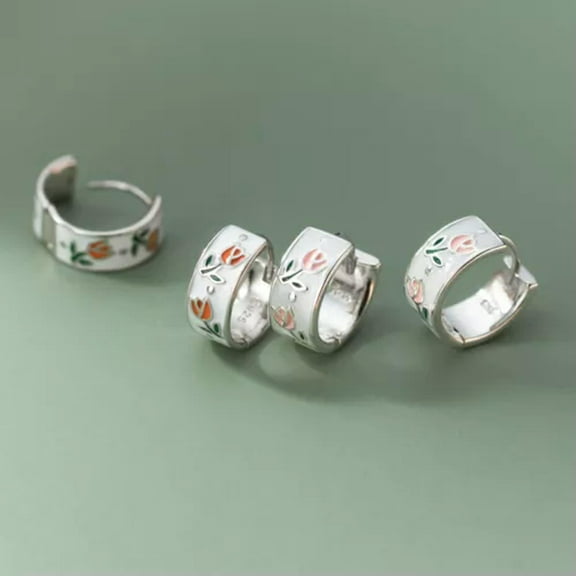 K-KED 925 Sterling Silver tulip Flower Pattern Stud Hoop Earrings Women Jewelry-Pink