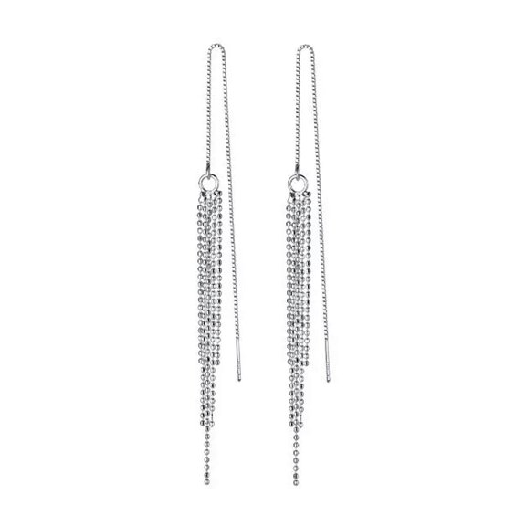 K-KED 925 Sterling Solid Silver Line Tassel Drop Dangle Pull Through Earrings
