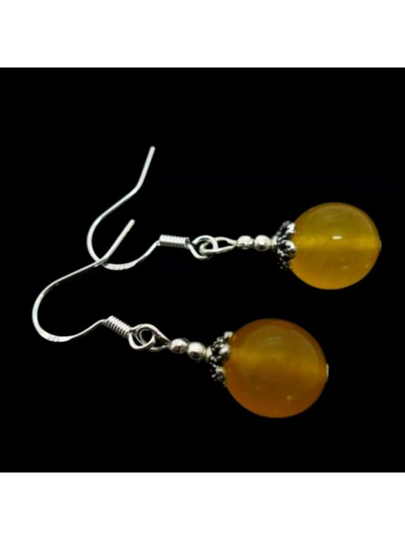 A PAIR OF 12MM YELLOW JADE ROUND GEMSTONE BEADS EARRINGS HOOKS NEW