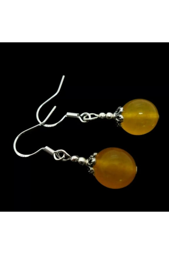 A PAIR OF 12MM YELLOW JADE ROUND GEMSTONE BEADS EARRINGS HOOKS NEW