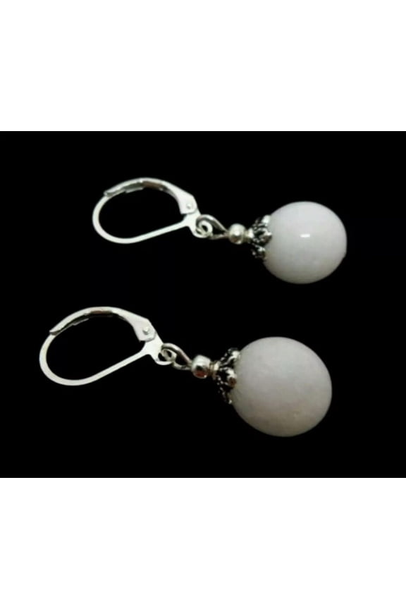 A PAIR OF DANGLY 10MM WHITE JADE BEAD LEVERBACK HOOK EARRINGS NEW