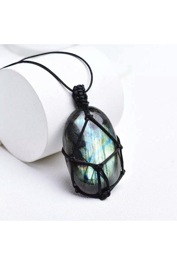 AAA Natural Labradorite Wrap Tumble Stone Pendant Chakra Quartz Crystal Necklace-default
