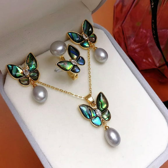 K-KED Abalone Shell Butterfly 7-8mm Gray Freshwater Pearl Necklace Earrings Ring Set