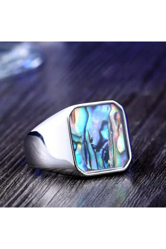 Abalone Shell Inlay Square Wedding Ring Stainless Steel Men's Vintage Band Rings-8