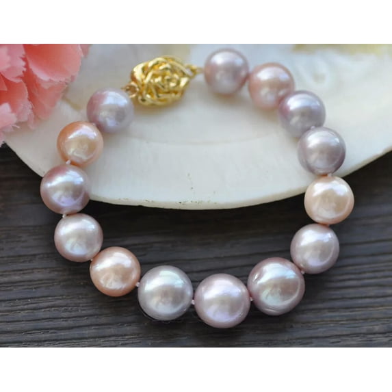 K-KED Beautiful 8" 14mm Pink Lavender Round Keshi Edison Pearl Bracelet