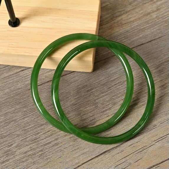 K-KED Beautiful lady Natural Jade Solid Jingle Bracelet Vintage Simple Jade Bracelet-Dark Green-62mm