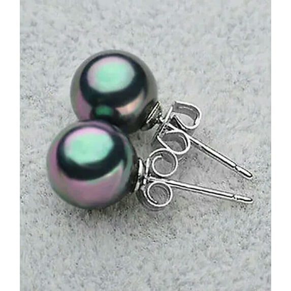 K-KED Beauty 8/10/12/14mm South Sea Shell Pearl Round beads 925 Silver Stud Earrings-Rainbow Black-14mm