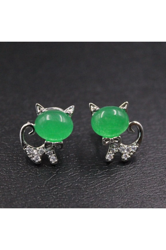 Best GP Alloy Green Chalcedony Zircon Women Lucky Special Cat Stud Earrings