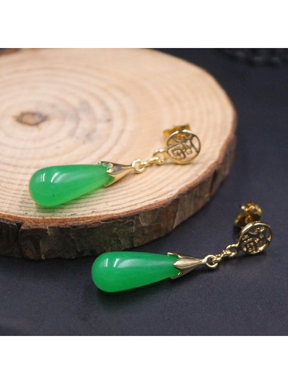 Best GP Alloy Jade Chalcedony Stud Women Lucky Fu Green Drop Dangle Earrings