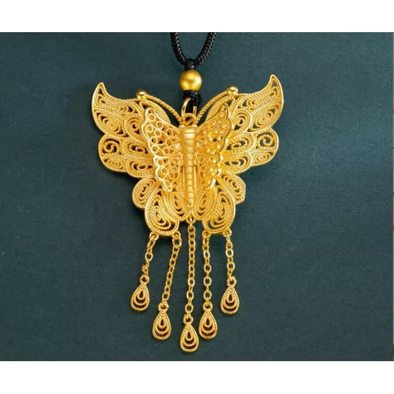 K-KED Big Butterfly Tassel Thread24K Thai Baht Gold GP Necklace Set