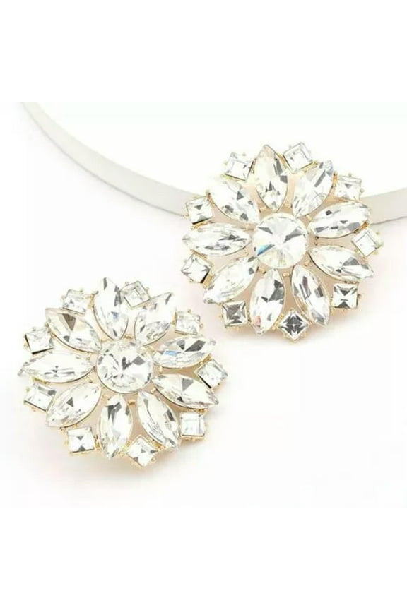 Big Large Crystal Stud Earrings Rhinestone Silver Tone Prom Pageant Wedding-Style 1