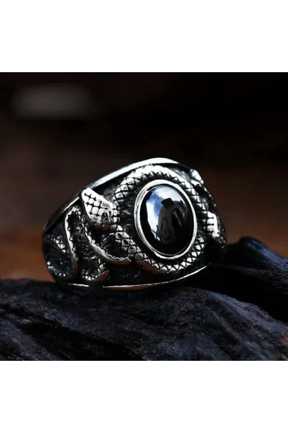 Black CZ Double Snake Signet Ring Stainless Steel Men's Vintage Biker Punk Ring-11