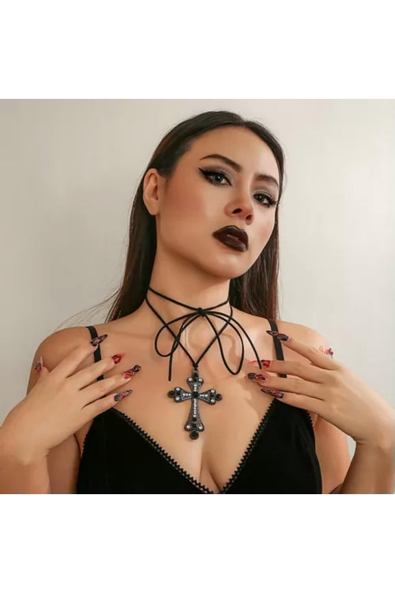 Black Lace Choker Necklace Collar Bib Gothic Punk Cross Victorian Steampunk Gift