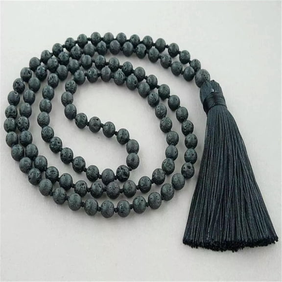 K-KED Black Lava 8mm Stone 108 Beads Handmade Tassel Necklace Tibetan Spiritua Retro