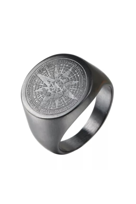 Black Men's Stainless Steel Ring Nautical Compass Signet Ring Fashion Biker Ring-9