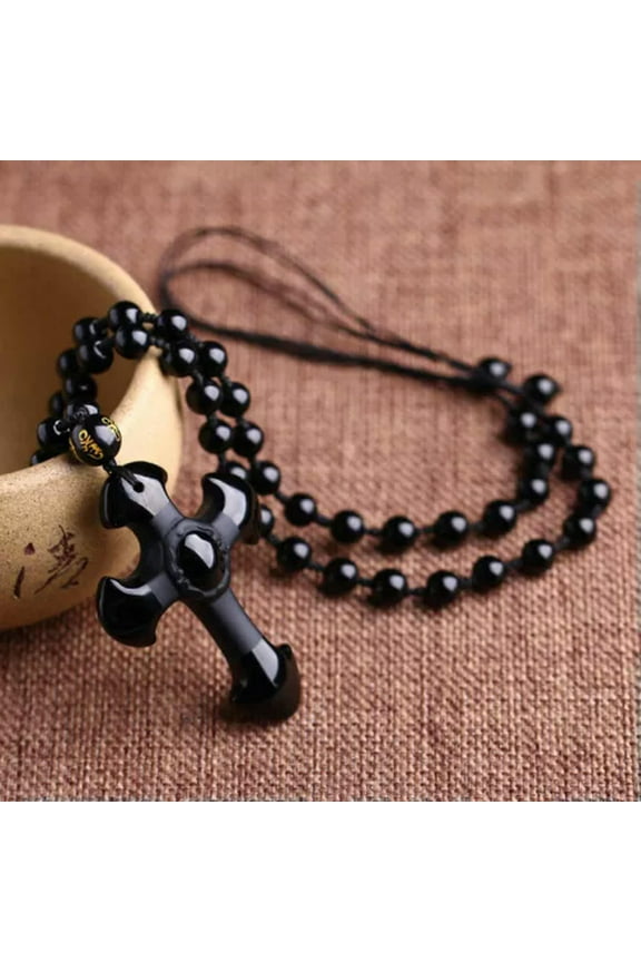 Black Obsidian Stone Cross Necklace with Bead Chain Amulet Healing Jewelry
