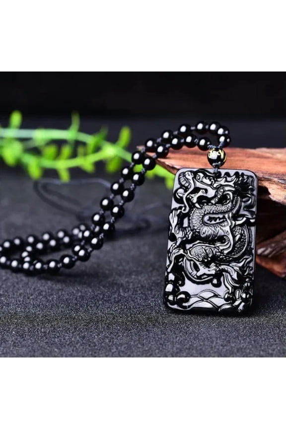 Black Obsidian Stone Necklace Carved Dragon Lucky Amulet Healing Jewelry
