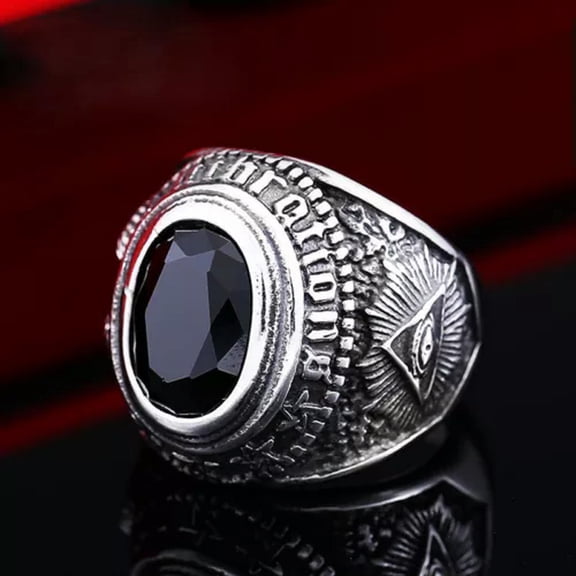 K-KED Black Stone Masonic Eye Satan Ram Signet Ring Stainless Steel Vintage Biker Ring-11