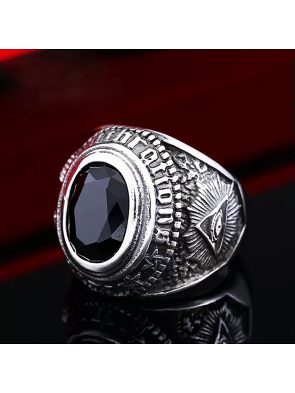Black Stone Masonic Eye Satan Ram Signet Ring Stainless Steel Vintage Biker Ring-7