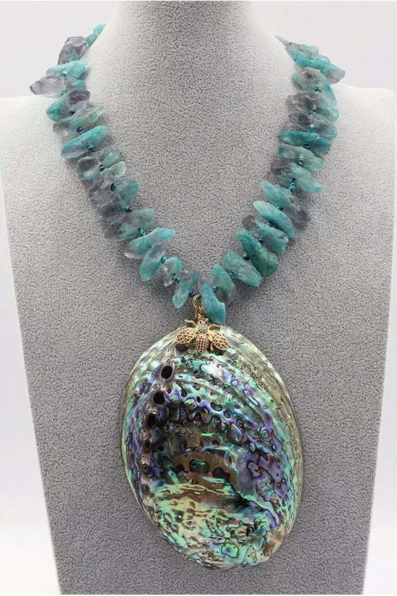 Blue Frontal Fluorites Rough Nugget Necklace CZ Paved Insect Bee Paua Pendant