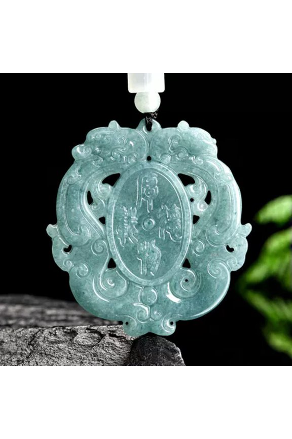 Blue Myanmar Jadeite Dragon Phoenix Pendant Necklace Natural Burmese Jade