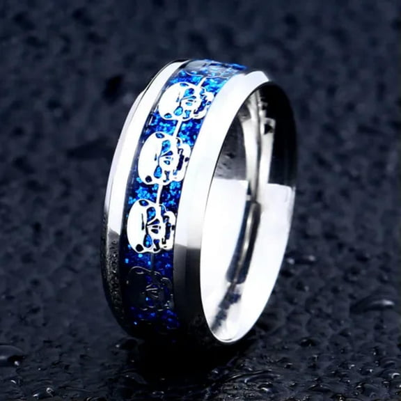 K-KED Blue Sequins & Skull Inlaid Ring Stainless Steel Men's Wedding Band Biker Rings-10