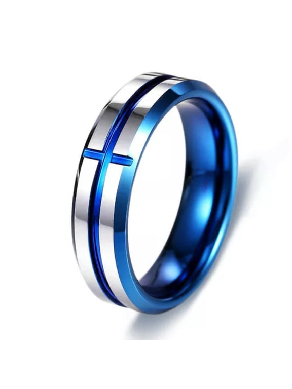 Blue Silver Cross Tungsten Carbide Wedding Band Men Women Promise Rings 6MM Wide-8