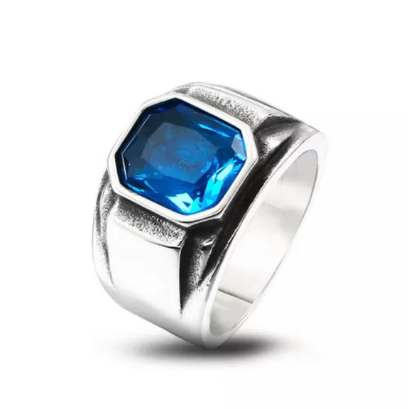 K-KED Blue Stone Inlay Square Wedding Ring Stainless Steel Men's Vintage Band Rings-12