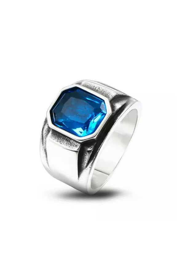 Blue Stone Inlay Square Wedding Ring Stainless Steel Men's Vintage Band Rings-9