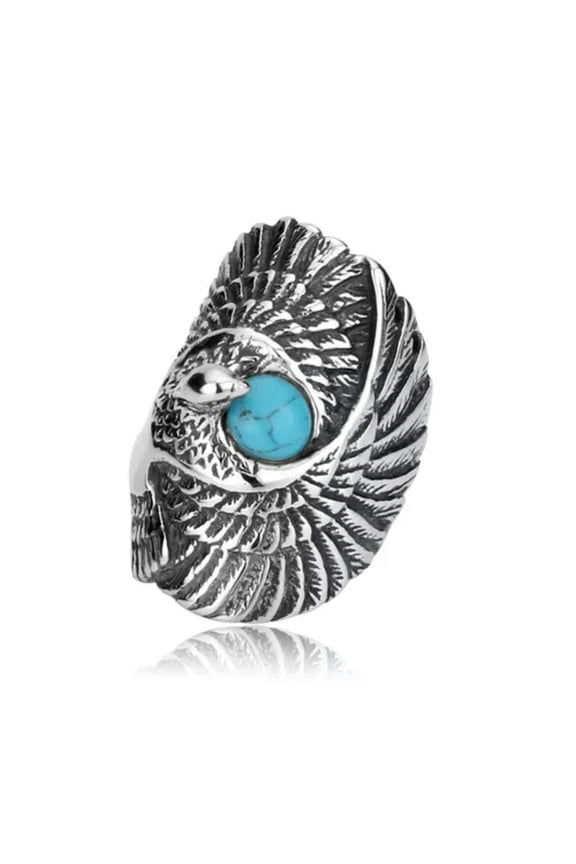 Blue Turquoise Indian Eagle Ring Stainless Steel Men's Tribal Biker Delicate Jewelry Ring-12