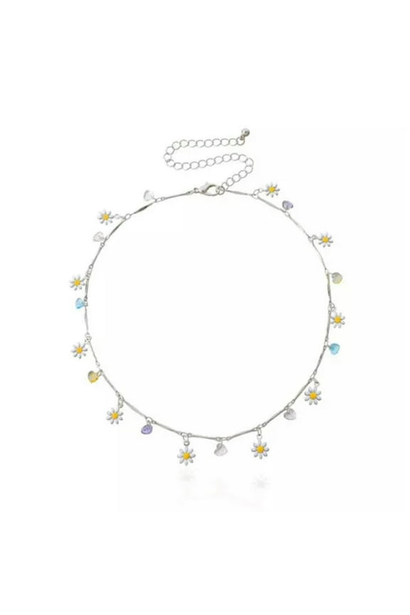 Boho Charm Daisy Flower Choker Chain Necklace for Women Handmade Delicate Jewelry Party-Silver