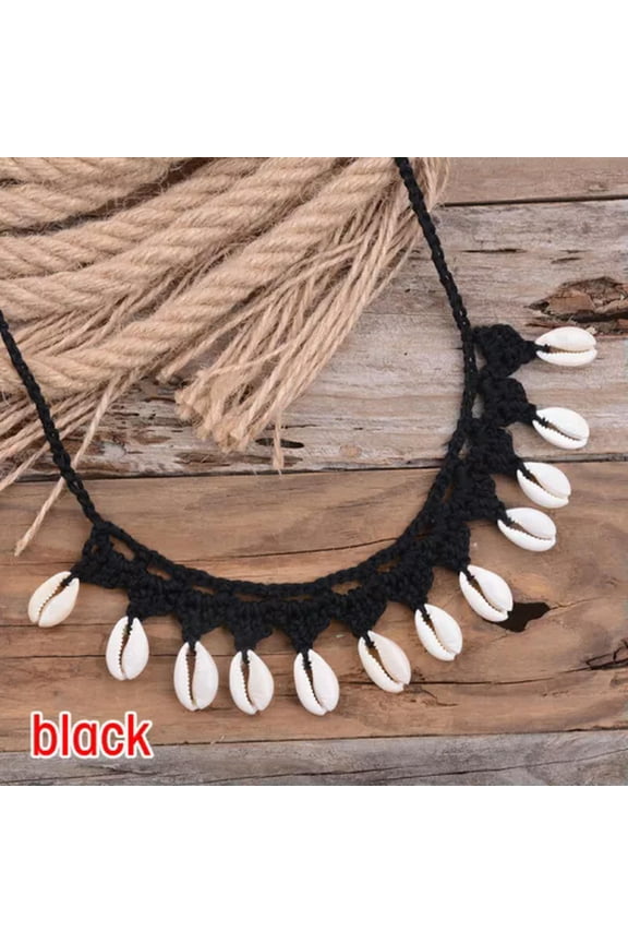 Boho Handmade Braided Rope Natural Sea Shells Beads Beach Choker Necklace Gift-Black