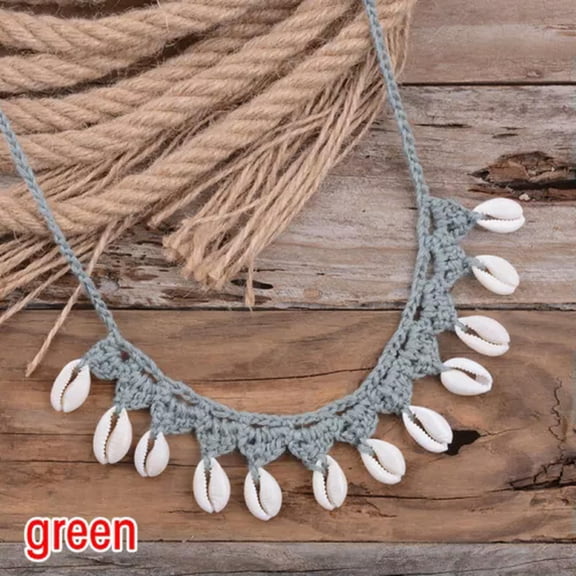K-KED Boho Handmade Braided Rope Natural Sea Shells Beads Beach Choker Necklace Gift-Green