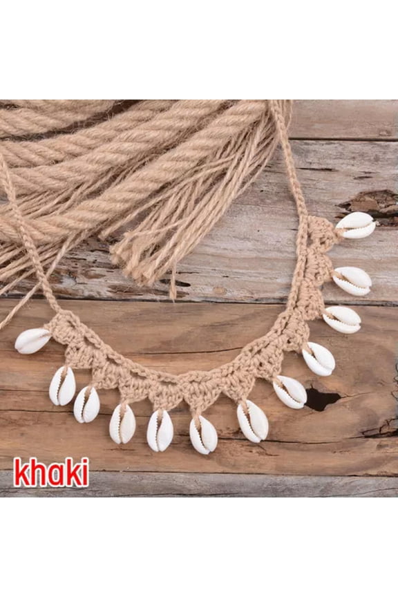 Boho Handmade Braided Rope Natural Sea Shells Beads Beach Choker Necklace Gift-Khaki