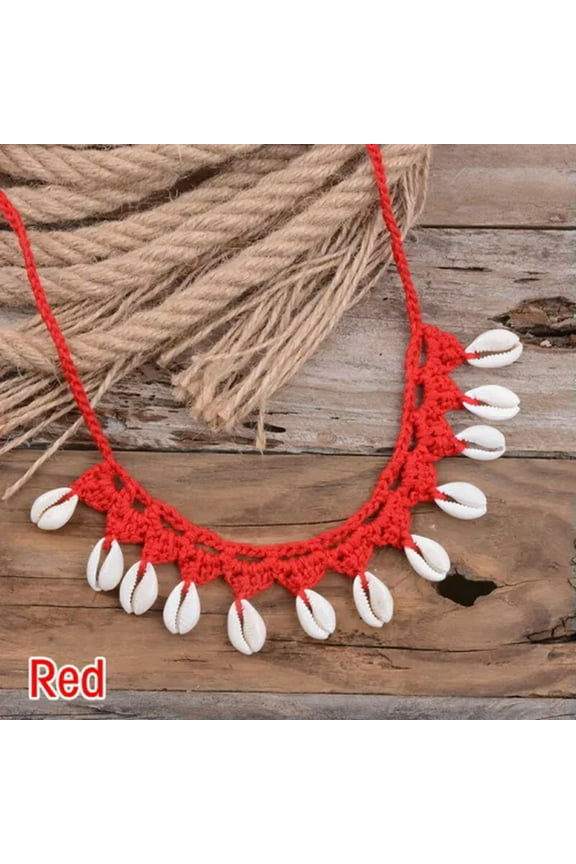 Boho Handmade Braided Rope Natural Sea Shells Beads Beach Choker Necklace Gift-Red