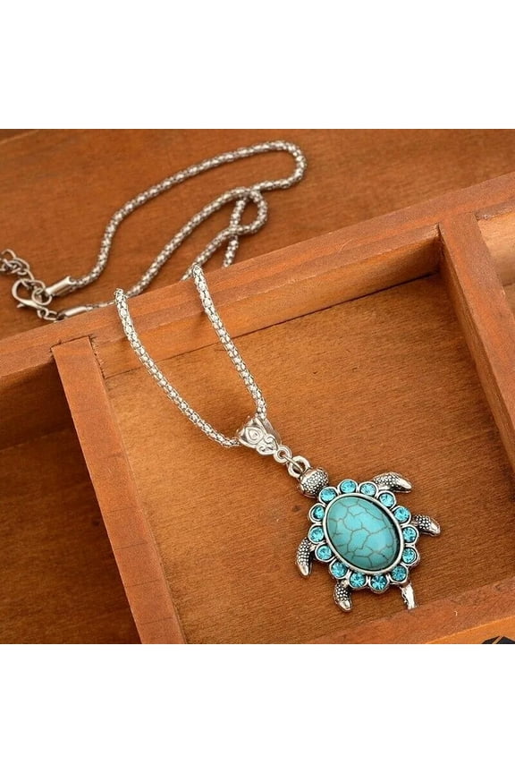 Boho Silver Sea Turtle Charm Vintage Turquoise Crystal Pendant Necklace USA