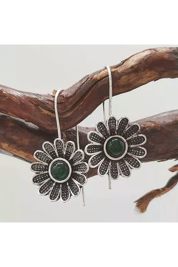 Boho Sunflower Earrings Gold Silver Dangle Retro Delicate Jewelry Women Party Wife Gifts-08# Emerald Sunflower Earrings