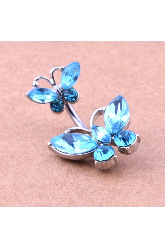 Boutique Pierced Delicate Jewelry Shiny Butterfly Zircon Navel Ring Navel Button-Lake Blue
