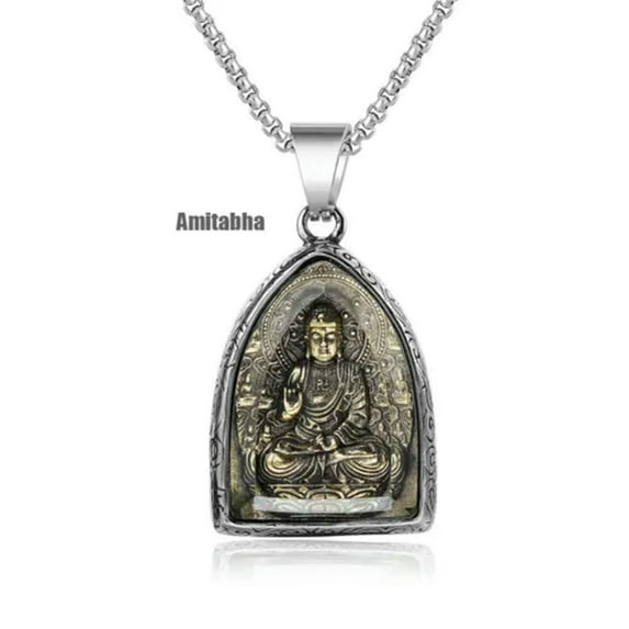 K-KED Buddha Necklace for Men Women Retro Buddhism Amulet Stainless Steel Pendant 24"-Amitabha