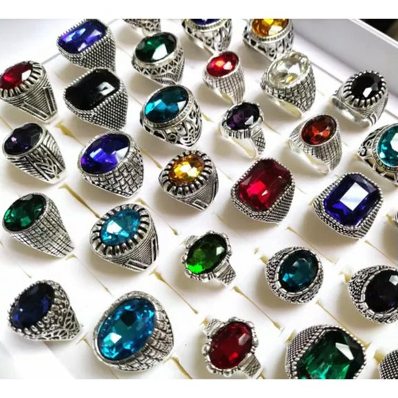 K-KED Bulk lots 30pcs Big Crystal Stone Vintage Silver Rings Color Mix Ring