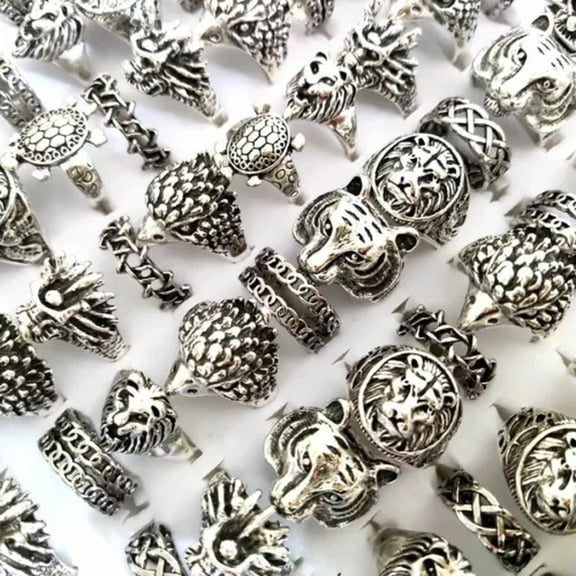 K-KED Bulk lots 50pcs Animal Design Punk Rocker Ring Lion Dragon Turtle Hedgehog Chain