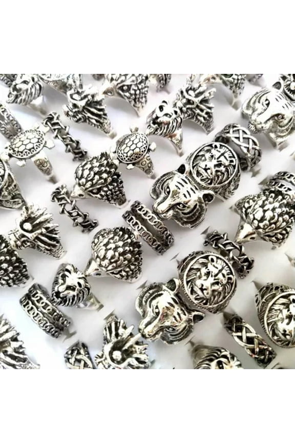Bulk lots 50pcs Animal Design Punk Rocker Ring Lion Dragon Turtle Hedgehog Chain