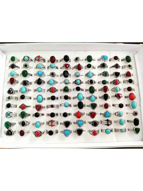 Bulk lots 50pcs Antique Silver Women's Colorful Stone Ring Party Delicate Jewelry Mix lot