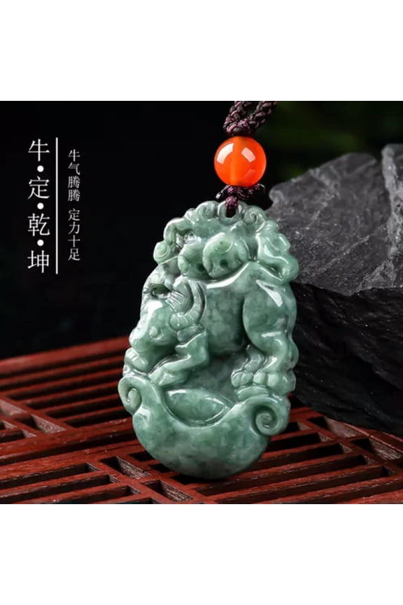 Burmese Jade Chinese Zodiac Pendant Delicate Jewelry Necklace Green Jadeite Natural-Cattle