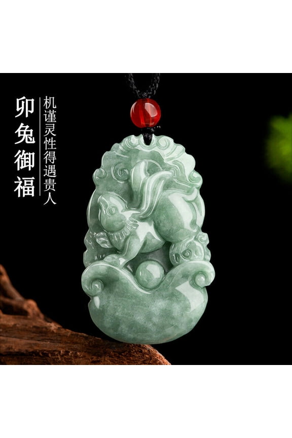 Burmese Jade Chinese Zodiac Pendant Natural Jadeite Delicate Jewelry Necklace Green-Rabbit